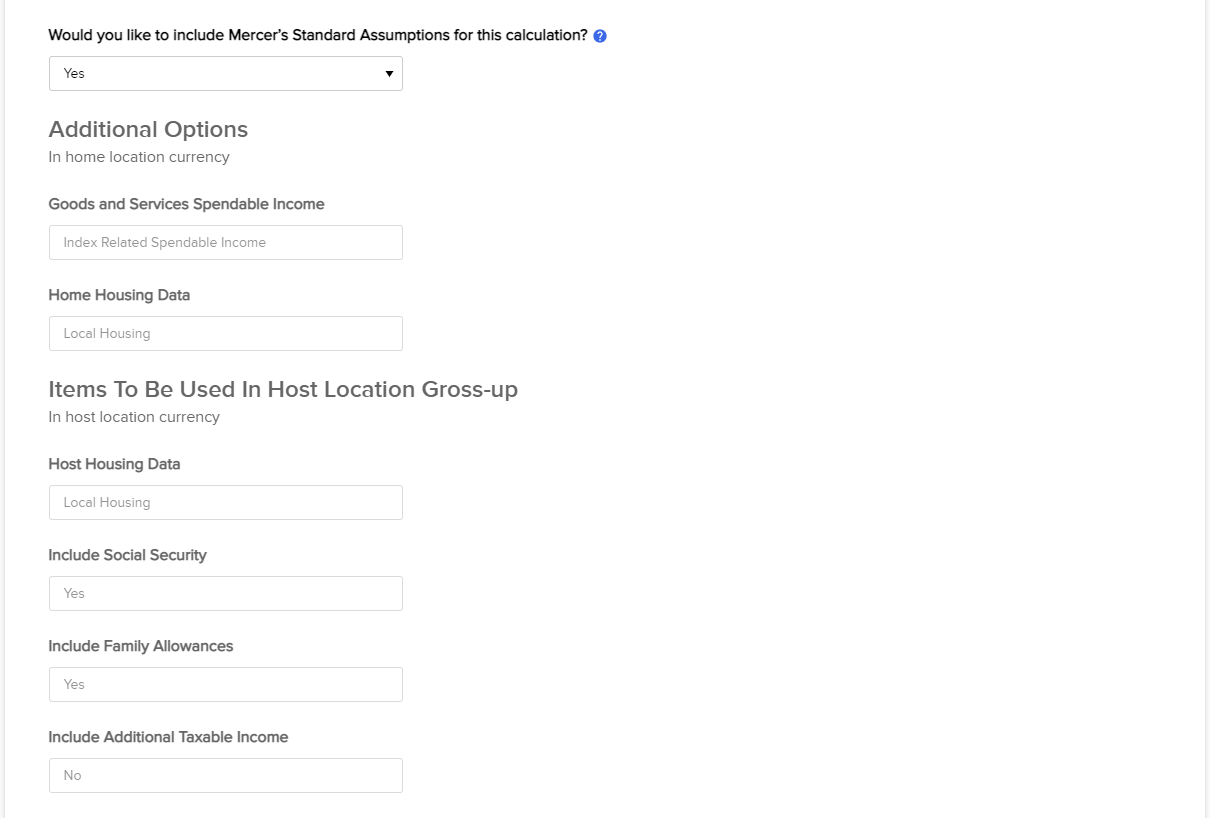 Screenshot of assumptions and specific adjustment items that can be applied to a salary calculation with Compensation Localizer