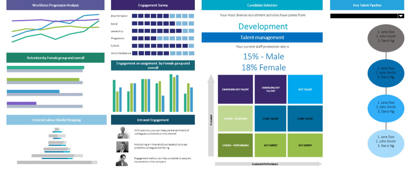 Examples of DEI-related metrics: workforce progression, retention, internal labor market mapping, engagement surveys, candidate selection analytics, promotion rates, key talent pipeline analysis.