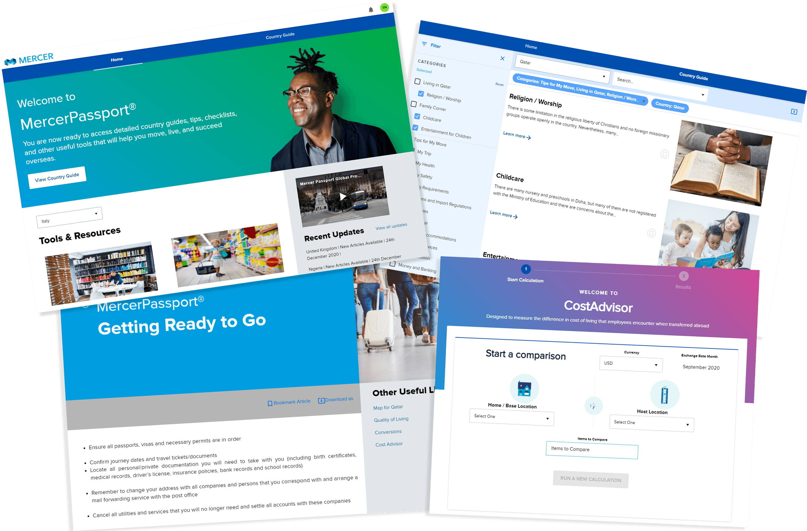 Sample screenshots of features included with MercerPassport.