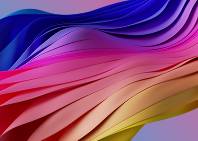 Abstract design with flowing blue, pink and yellow waves on a pink background, creating a vibrant and smooth pattern.