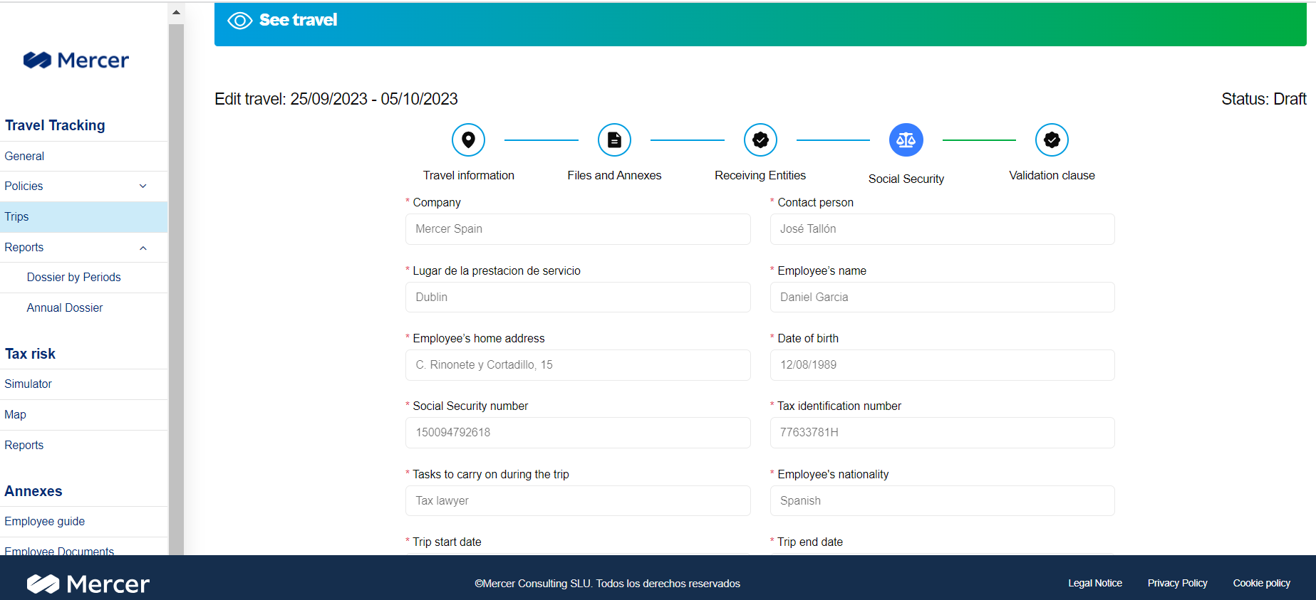 Screenshot of an employee trip plan, from the Mercer Travel Tracker application.